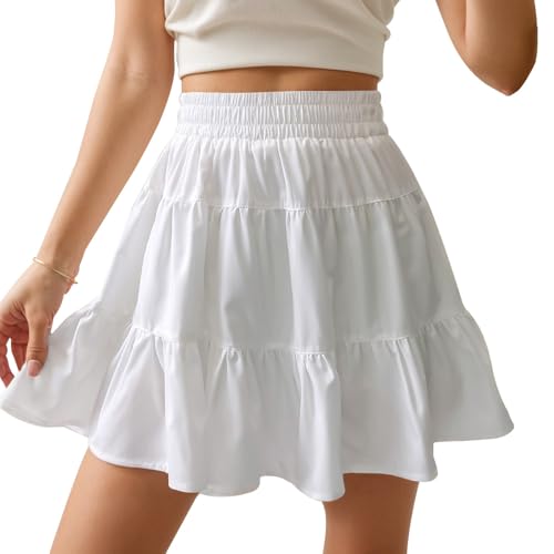 HSAJS Rock Damen Mädchen Sommer Casual Basic Elastizität Röcke A-Linien Hohe Taille Skater Rock mit Shorts Minirock Tennisrock von HSAJS