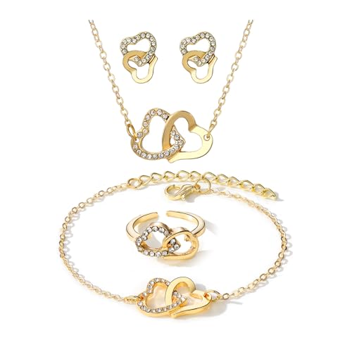 HSAJS Schmuck Set Damen Doppel Herz Halskette Armband Ohrringe Ring Love Gold Silber Kristall Anhänger Schmuck 4 Stück Herz Schmuckset mit Zirkonia Romantische Geschenkidee für Mädchen (Gold) von HSAJS