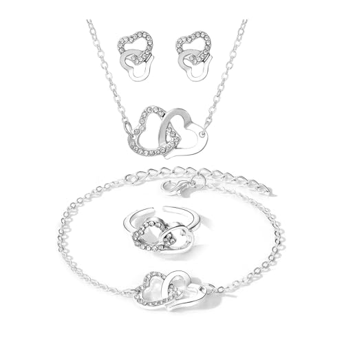 HSAJS Schmuck Set Damen Doppel Herz Halskette Armband Ohrringe Ring Love Gold Silber Kristall Anhänger Schmuck 4 Stück Herz Schmuckset mit Zirkonia Romantische Geschenkidee für Mädchen (Silber) von HSAJS