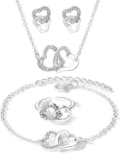 HSAJS Doppelherz Schmuckset Halskette Armband Ring Ohrringe Kristall Damen Schmuck Hochzeit Jubiläum Geburtstag Valentinstag von HSAJS