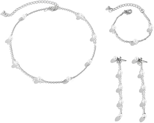 HSAJS Schmetterling Perlenkette Armband Ohrringe Set Silberkette Damenschmuck Hochzeit Brautschmuck Schmuckset von HSAJS