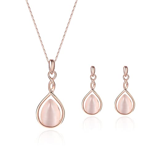 HSAJS Schmuck Set für Damen,Halskette Kette Ohrringe Set, Schmuckset mit Kristallen,Rosegold Hochzeit Schmuck Set Edelstein Brautschmuck Set- Ohrhanger für Frauen - Halskette mit Anhänger (Pink) von HSAJS