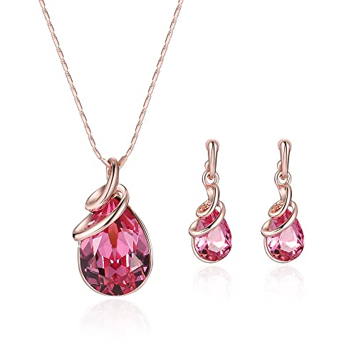 HSAJS Schmuck Set für Damen,Halskette Kette Ohrringe Set, Schmuckset mit Kristallen,Rosegold Hochzeit Schmuck Set Edelstein Brautschmuck Set- Ohrhanger für Frauen - Halskette mit Anhänger (Rot) von HSAJS