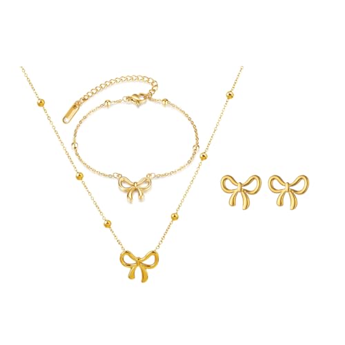 HSAJS Schmuck Set für Damen Schleifen Schmuckset Halskette Ohrringe Armband Set Hypoallergene Modeschmuck Geschenke für Frauen und Mädchen HSAJS Schmuck Set für Damen Schleifen Schmuckset Halskette Ohrringe Armband Set Hypoallergene Modeschmuck Geschenke für Frauen und Mädchen von HSAJS