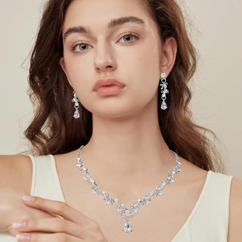 HSAJS Tropfen Kristall Schmuckset Halskette Ohrringe Elegant Brautschmuck Hochzeit Schmuck Damen Accessoires Strass Anhänger von HSAJS