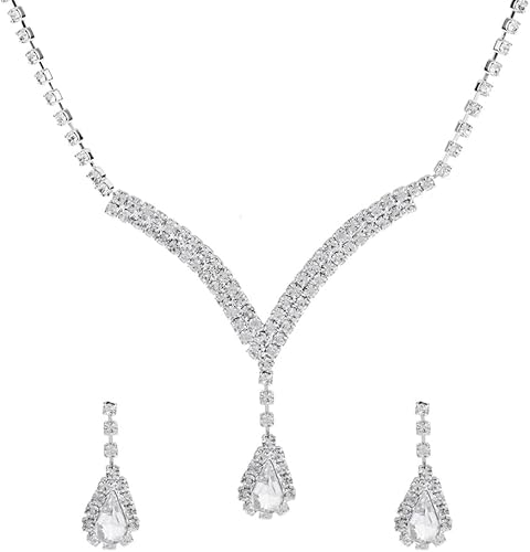 HSAJS Tropfen Schmuckset Vform Halskette Ohrringe Kristall Strass Brautschmuck Hochzeit Jubiläum Damen Elegant Luxus von HSAJS