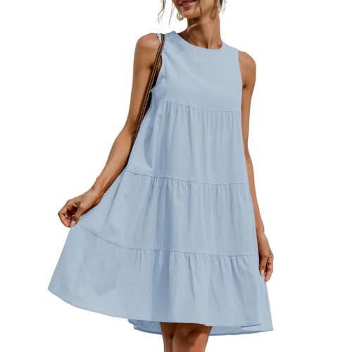 HSAJS Damen Elegant Sommerkleid Leinenkleid Ärmellos Kleid Bodycon Partykleid Abendkleid Locker Sitzendes Kleid Hellblau L Größe L von HSAJS