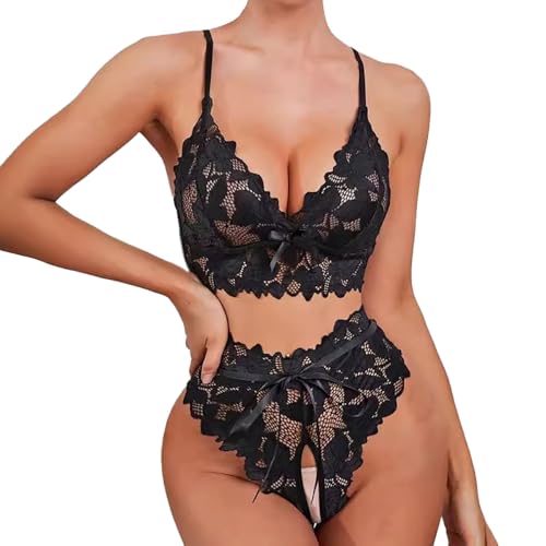 HSAJS Dessous Damen Sexy Unterwäsche Lingerie Set Spitze Träger Bralette Mesh Top Netzbody Transparent Fishnet Reizwäsche Netzoberteil Dessoussets von HSAJS