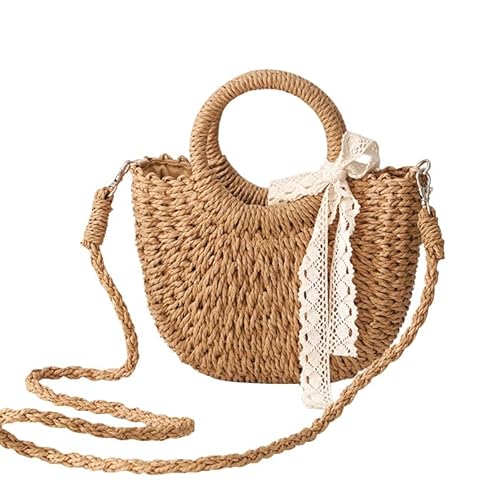 HSAJS Umhängetasche Damen Stroh Tasche Kordelzug Verschluss Crossbody Bag Großes Fassungsvermögen Strandtasche mit Verstellbarer Riemen Modisch und Elegant von HSAJS
