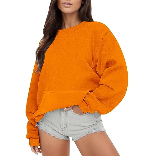 HSD Damen-Sweatshirt, einfarbig, Rundhalsausschnitt, übergroßes Sweatshirt, lockere Passform, langärmlig, leichtes Sweatshirt, lockere Bluse Pulli Vintage Damen (Orange, M) von HSD