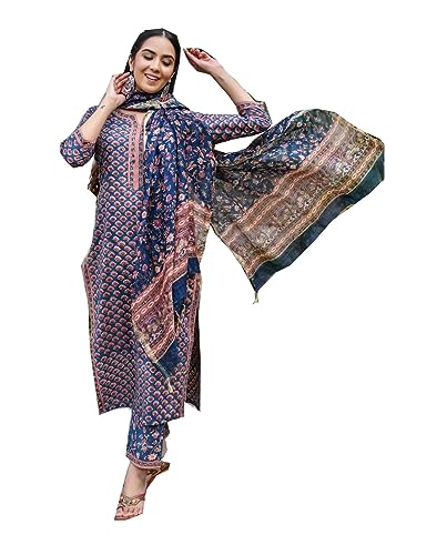 HSD Indisches Kurta-Set für Damen mit Dupatta-Ethno-Partykleidung, Kurti-Set mit Hose, Blaugrün und Rot, XX-Large von HSD