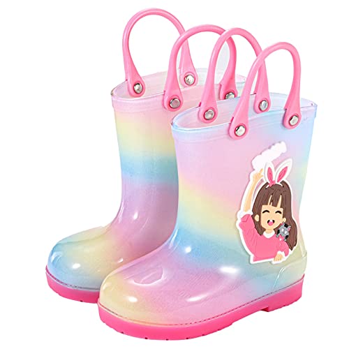 HSD Kinder-Regenstiefel für Mädchen, Kleinkindschuhe für regnerische Tage, Gummi, niedliche Mädchen, bedruckt mit leicht anzubringenden Griffen für Pfützenspritzer Kinder Boots (A1-B, 25 Toddler) von HSD