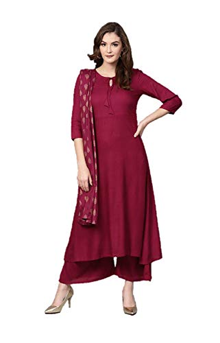 Kurti für Damen, indisches Tunika-Oberteil, einfarbig, bedruckt, Viskose, Baumwolle, Kurta-Kleid mit Palazzos und Dupatta, Burgunder, Large von HSD