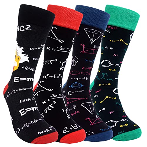 HSELL Lustige gemusterte Herren-Socken – lustiges verrücktes Design, Baumwollsocken, 4 Paar – Mathematik & Einstein, Einheitsgre von HSELL