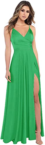 HSFIYAKJ V-Ausschnitt Brautjungfernkleider Lange Spaghetti Satin Schlitz Abschlussball formelle Abendkleider mit Taschen, Grün , 40 von HSFIYAKJ