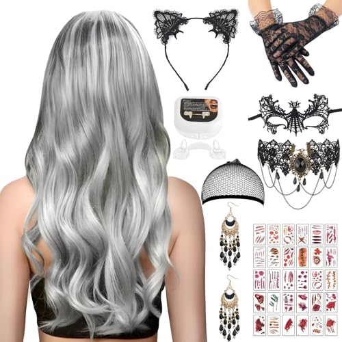 9 Stück Gotisch Damen Accessoires, Eine silberne Perücke mit Haarnetz, Lace Cat Ear Headpiece, Choker Schwarze Spitze, Gothic Schmuck Accessoires, Maske Spitze, 30 Stück Wunden Narben Kunstblut Gesich von HSHHOOM
