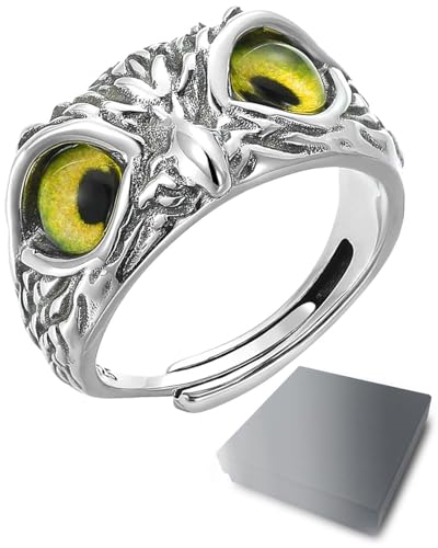 HSIXHAF 1 PCS Eulenring mit Einstellbare Öffnung, Ringe für Frauen und Mädchen, Gelbe Augen, Wednesday, Mit schwarzer Geschenkbox von HSIXHAF