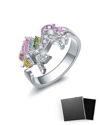 HSIXHAF 1 pcs Regenbogen Einhorn Ring mit Strass Einstellbare Öffnung Cartoon Einhorn Mädchen Ring, Geschenk für Tochter, Enkelin, Kind einer Freundin von HSIXHAF