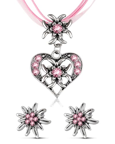 HSIXHAF 3 Stück Trachtenschmuck Set Bayerisch Dirndlschmuck Trachtenkette mit Strass Edelweiß Herz Anhänger und Edelweiß Ohrstecker für Damen Bierfest Outfit Accessoires Trachten Dirndl von HSIXHAF