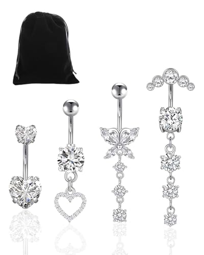 HSIXHAF 4 Stück Bauchnabelpiercing 14G Baumelnd Bauchnabel Banane Barbell 10mm Chirurgenstahl baumelnden Bauchnabel Ringe Silber Gold Blume Schmetterling Herz Nabel Piercing Schmuck für Frauen von HSIXHAF