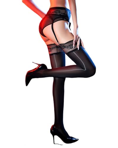 HSIXHAF Damen Strapsstrümpfe Hohe Taille Sexy Öl Glänzende Strumpfhalter - Schwarz von HSIXHAF