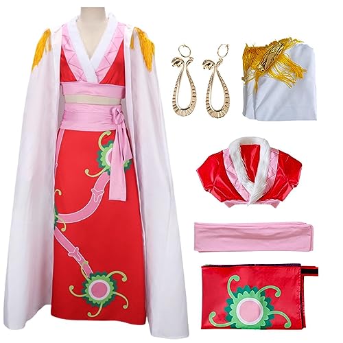 HSJZBQSM Boa Hancock Cosplay-Kostüm, Cheongsam-Print-Kleid, Kimono-Umhang-Set mit Perücke, Schlangenohrringen, Halloween-Komplettset (Cape-Stil, M) von HSJZBQSM