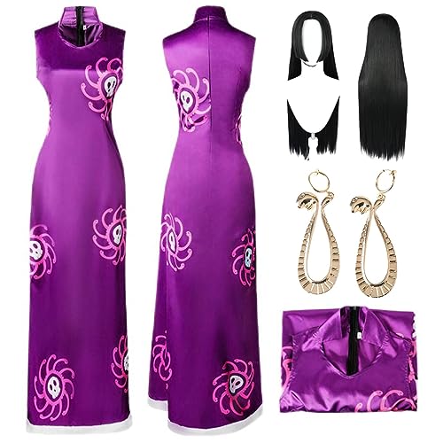 HSJZBQSM Boa Hancock Cosplay-Kostüm, Cheongsam-Print-Kleid, Kimono-Umhang-Set mit Perücke, Schlangenohrringen, Halloween-Komplettset (Lila+Perücke, 3XL) von HSJZBQSM