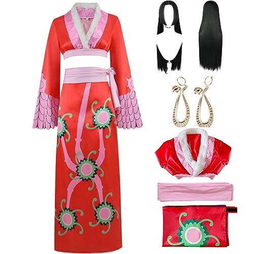 HSJZBQSM Boa Hancock Cosplay-Kostüm, Cheongsam-Print-Kleid, Kimono-Umhang-Set mit Perücke, Schlangenohrringen, Halloween-Komplettset (Rot+Perücke, L) von HSJZBQSM