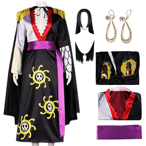 HSJZBQSM Boa Hancock Cosplay-Kostüm, Cheongsam-Print-Kleid, Kimono-Umhang-Set mit Perücke, Schlangenohrringen, Halloween-Komplettset (Schwarz+Perücke, 3XL) von HSJZBQSM