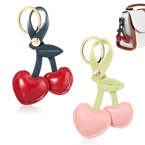 HSKRKOW 2 Stück Cherry Bag Charms, Pu Leder Kirschen Taschenanhänger Schlüsselanhänger,Auto Taschen Anhänger Kirsche Geschenke Weihnachtsgeschenke Für Frauen Valentinstag Tasche (2Form) von HSKRKOW