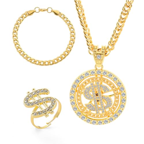 HSKRKOW 3 Stück Hip Hop Dollar Schmuck Armband Dollar Ring,Kette Dollar Zeichen,Rapper Accessoires, 80Er Jahre Accessoires, Herren Zubehör Halskette Pimp,Karneval, Mottoparty HSKRKOW 3 Stück Hip Hop Dollar Schmuck Armband Dollar Ring,Kette Dollar Zeichen,Rapper Accessoires, 80Er Jahre Accessoires, Herren Zubehör Halskette Pimp,Karneval, Mottoparty von HSKRKOW