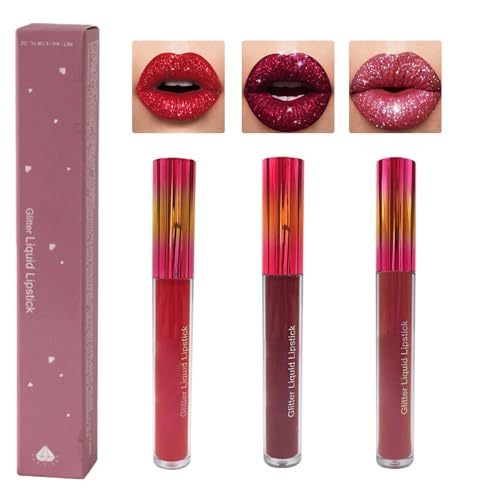 3-teiliges Set mit flüssigem Lippenstift von matt bis glitzernd, lang anhaltendes Lippenset für Frauen, wasserfester Lippenstift mit glänzenden Diamanten und Glitzer-Lipgloss (3,4,6) von HSLFUAI