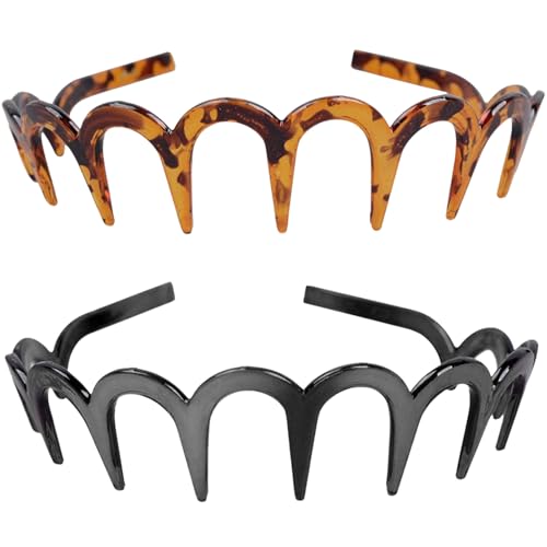 2 Stück Zick-Zack-Stirnband, Haifischzahn-Haarkamm, Harte Stirnbänder, Kunststoff Zickzack Haarreifen, Gewelltes (Leopardenbraun，Schwarz, 14cm) von HSLPSM