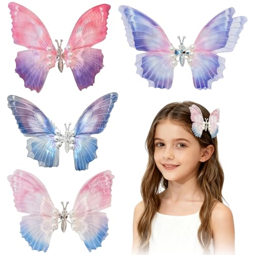 4 Stück Schmetterling Haarspangen Mädchen, 3D Schmetterling Haarschmuck Beweglich, Glitzer Farbverlauf Haarschmuck Damen Kinder, Schmetterlings Haarklammer Deko, Butterfly Clip Set für Braut Hochzeit von HSLPSM