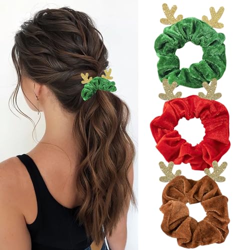 HSLPSM 3 Stück Weihnachten Haargummis, Weihnachten Darm Haargummis, Haargummis Scrunchies für Damen, Geweih Weihnachts Haarreif Haarband Elastischer Pferdeschwanzhalter Haarseile von HSLPSM