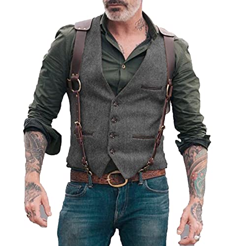 HSLS Herren Herringbone Wollwesten Tweed Anzug Westen Vintage Retro Slim Fit(M, Grau) von HSLS