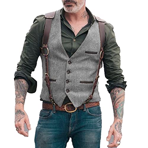 HSLS Herren Herringbone Wollwesten Tweed Anzug Westen Vintage Retro Slim Fit(M, Silber) von HSLS