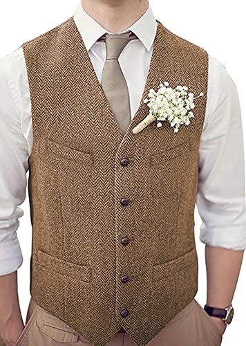 HSLS Männer Retro Anzug Weste Casual Dicke Tweed Wolle Herringbone Slim Fit V-Ausschnitt Weste Für Hochzeit(3XL, Braun) von HSLS