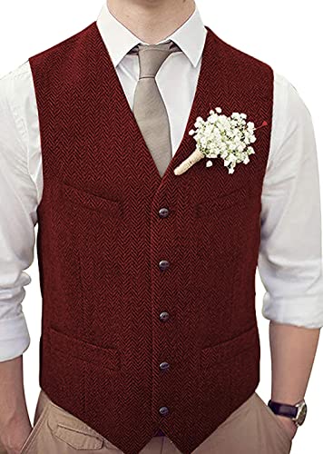 HSLS Männer Retro Anzug Weste Casual Dicke Tweed Wolle Herringbone Slim Fit V-Ausschnitt Weste Für Hochzeit(XL, Burgund) von HSLS