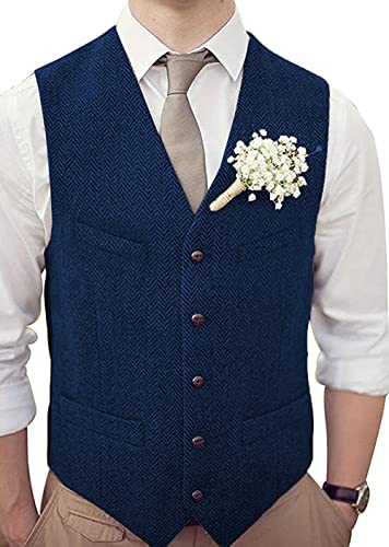 HSLS Männer Retro Anzug Weste Casual Dicke Tweed Wolle Herringbone Slim Fit V-Ausschnitt Weste Für Hochzeit(XS, Marine) von HSLS