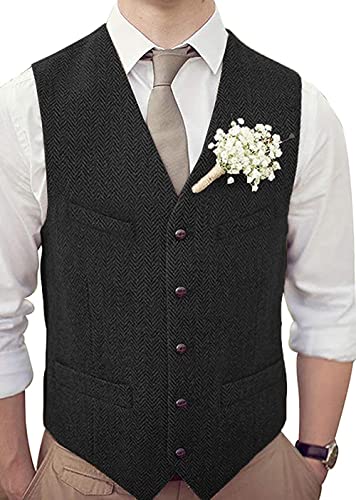 HSLS Männer Retro Anzug Weste Casual Dicke Tweed Wolle Herringbone Slim Fit V-Ausschnitt Weste Für Hochzeit(XXL, schwarz) von HSLS