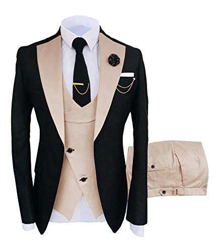 Herren 3-teilige formelle Kerbe Revers Herren Anzug Slim Fit Groomsmen Anzug Smoking für die Hochzeit (Blazer + Weste + Hose)(Beige,54) von HSLS