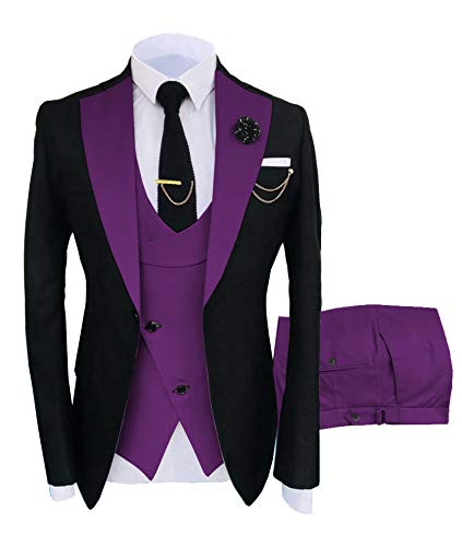 Herren 3-teilige formelle Kerbe Revers Herren Anzug Slim Fit Groomsmen Anzug Smoking für die Hochzeit (Blazer + Weste + Hose)(lila,46) von HSLS