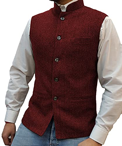 Herren Fischgrat Wollwesten Anzug Business Tweed Hoher Kragen Westen Schlanke Passform(L, Burgund) von HSLS