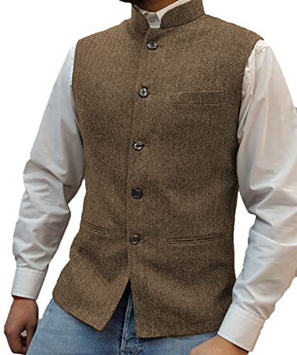 Herren Fischgrat Wollwesten Anzug Business Tweed Hoher Kragen Westen Schlanke Passform(M, Braun) von HSLS