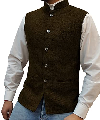 Herren Fischgrat Wollwesten Anzug Business Tweed Hoher Kragen Westen Schlanke Passform(M, Kaffee) von HSLS