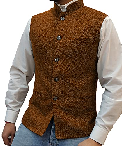 Herren Fischgrat Wollwesten Anzug Business Tweed Hoher Kragen Westen Schlanke Passform(M, Orange) von HSLS