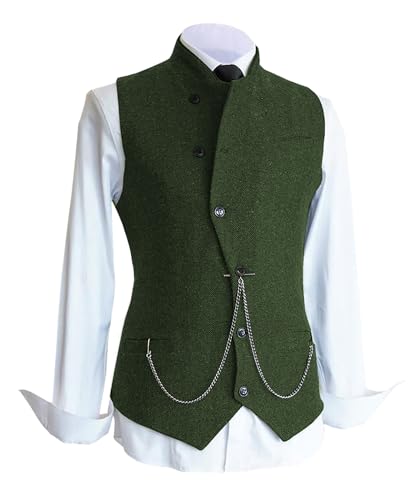 Herren Fischgrat Wollwesten Anzug Business Tweed Hoher Kragen Westen Schlanke Passform(XL, Grün) von HSLS
