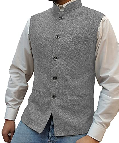 Herren Fischgrat Wollwesten Anzug Business Tweed Hoher Kragen Westen Schlanke Passform(XL, Silber) von HSLS