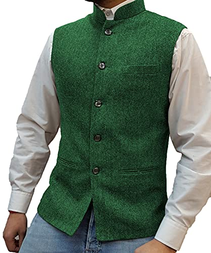 Herren Fischgrat Wollwesten Anzug Business Tweed Hoher Kragen Westen Schlanke Passform(XXL, Grün) von HSLS